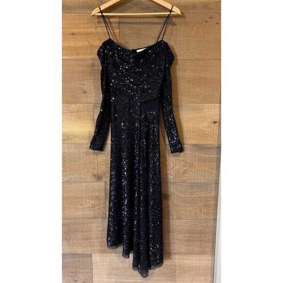 JASON WU COLLECTION Asymmetric navy cold-shoulder sequined chiffon maxi dress Si - Picture 3 of 12